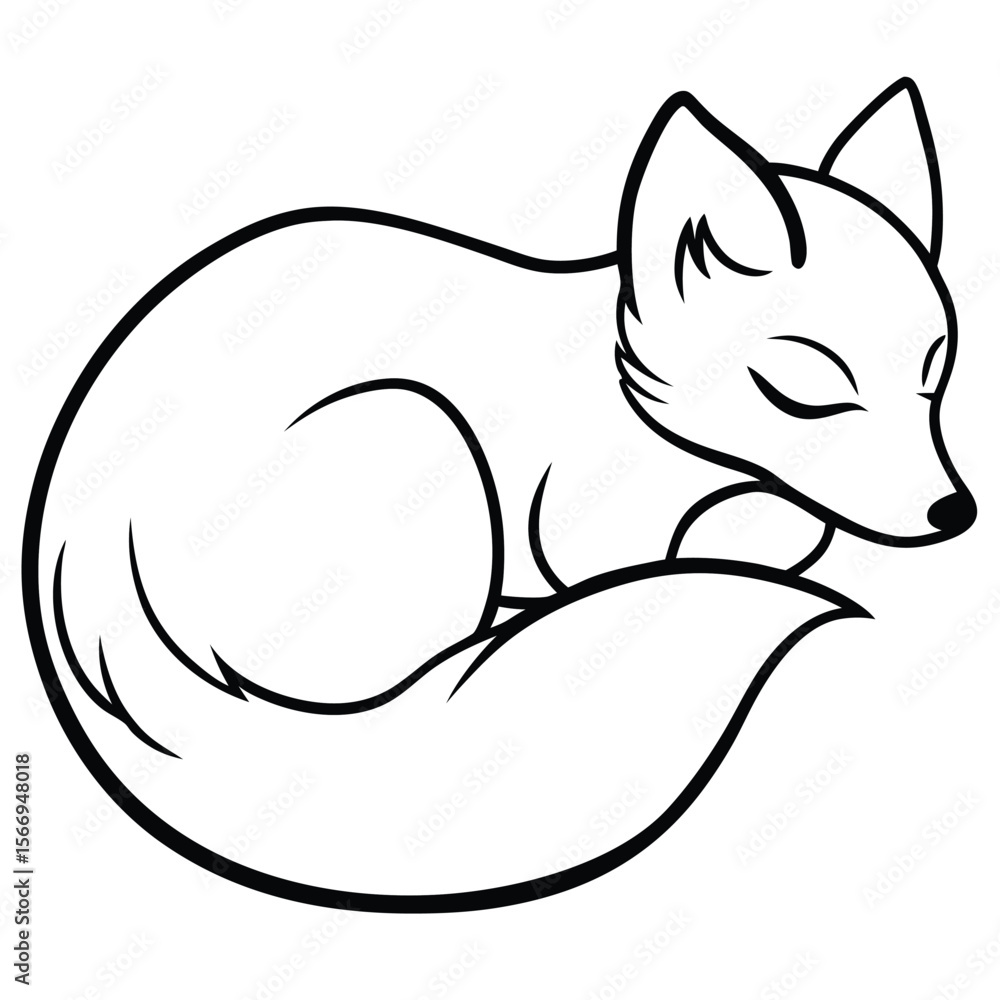 Naklejka premium Sleeping Fox: Curvy Line Art, Peaceful, Childlike, Black and White Illustration