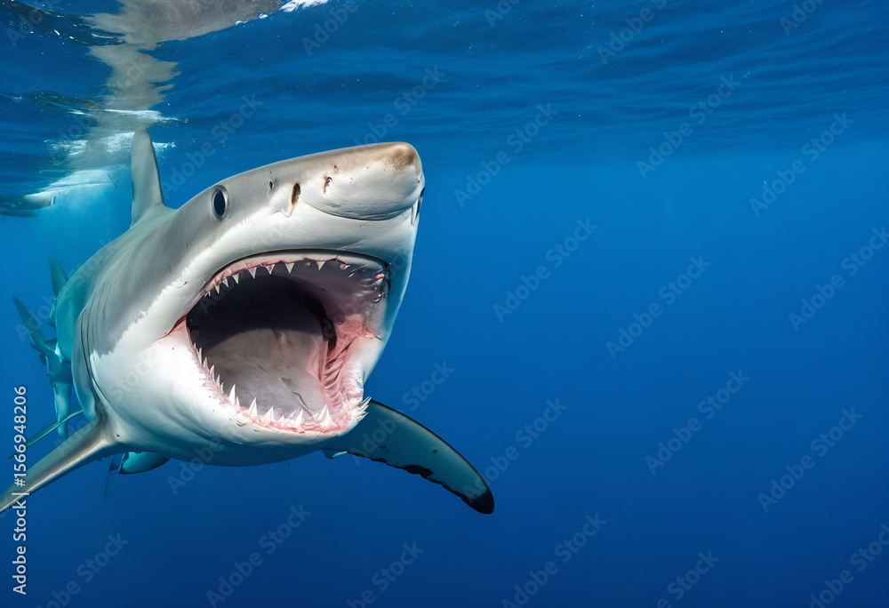 Obraz premium Great white shark in deep blue water.