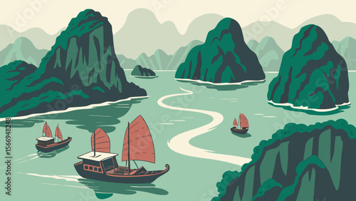 Illustrative ha long bay vietnam scenery with junk boats and limestone karsts for travel and tourism designs
