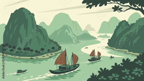 Scenic ha long bay vietnam landscape with boats and mountains travel destination illustration vector art