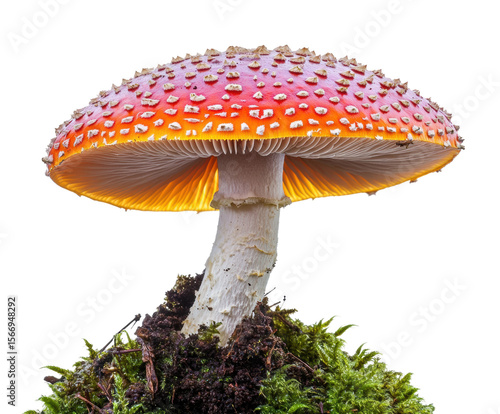 Vibrant red mushroom growth in nature forest environment view isolated on transparent background