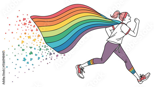 Lgbtqia pride running woman with rainbow cape vector art illustration for pride month celebration design