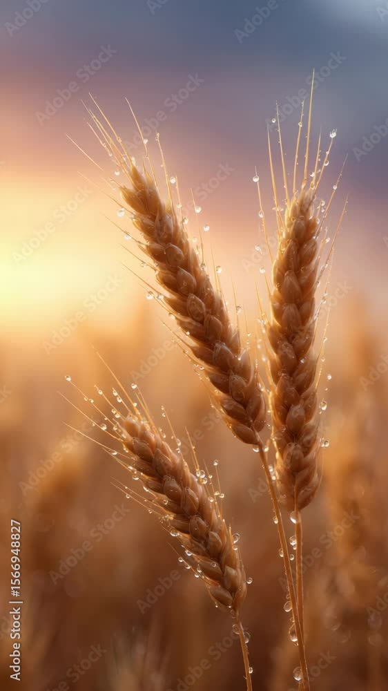 Dew covered golden wheat crop in an agricultural field at sunrise Dew covered golden wheat crop in an agricultural field at sunrise