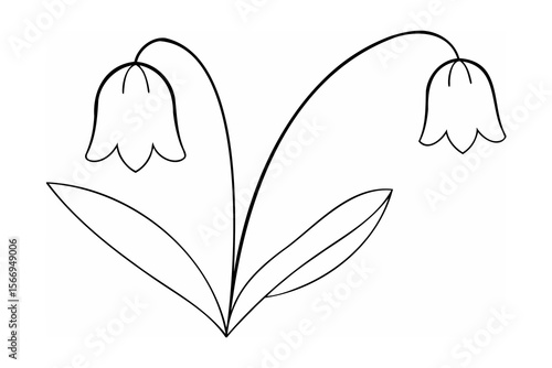 Black line drawing of two bell-shaped flowers with leaves on white background