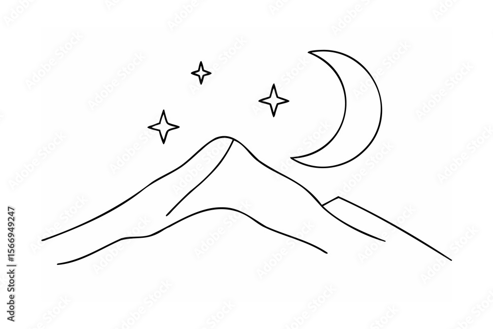 Obraz premium Black line drawing of mountains moon and stars on white background
