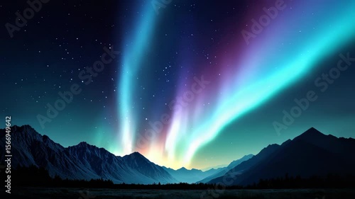 Colorful aurora borealis and vibrant northern lights illuminate night sky above mountain silhouette, starry sky, tranquil wilderness landscape, peaceful and awe inspiring natural phenomenon