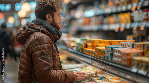 Man shopping for groceries in a supermarket aisle.