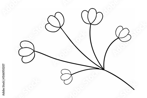 Black line drawing of stylized floral sprig with five flower heads