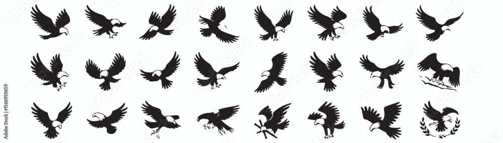 Fototapeta premium Eagle Vector Illustration Set, Black and White Silhouettes. Collection of 30 Different Eagle Poses, Perfect for Logos, Designs, and More.