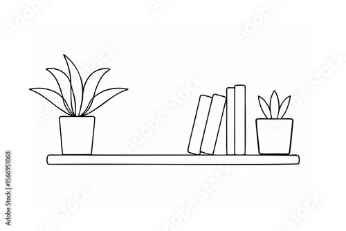 Black line drawing of a shelf with potted plants and books