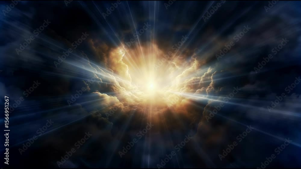 Sun rays breaking through dark clouds in sky. Light rays of light conveys sense of hope, tranquility, divine presence