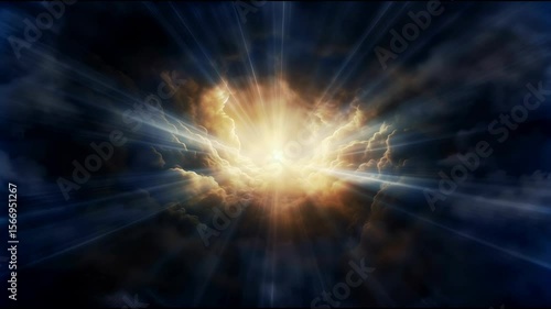 Sun rays breaking through dark clouds in sky. Light rays of light conveys sense of hope, tranquility, divine presence