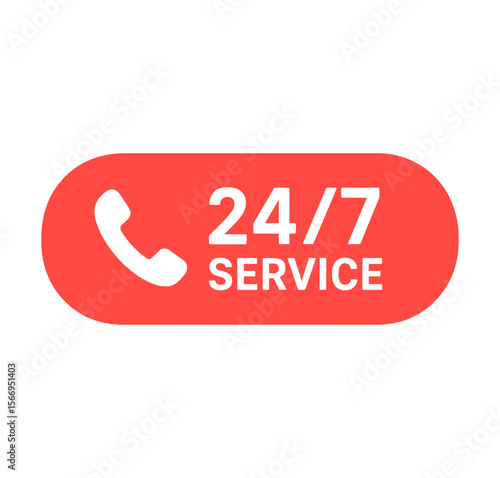 Red 24/7 service label with phone icon. Useful for customer support materials, websites, or business services