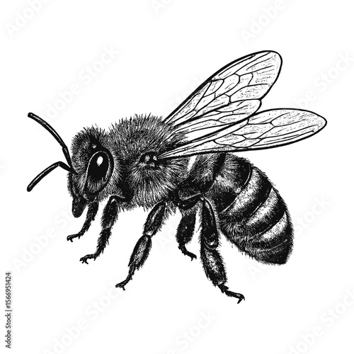 Realistic hand-drawn bee illustration in vintage etching style, perfect for nature, entomology or eco-themed designs