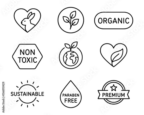 Eco product labels set with cruelty free, organic, paraben free and sustainable badge icons in outline style