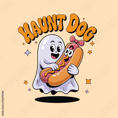 Cartoon ghost hugging a hotdog with a bow under haunt dog text art