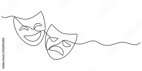 theater mask continuous one line drawing, theater mask tragedy and humor continuous line art, Theater mask tragedy and humor one line continuous line art. Character mask sketch. 
