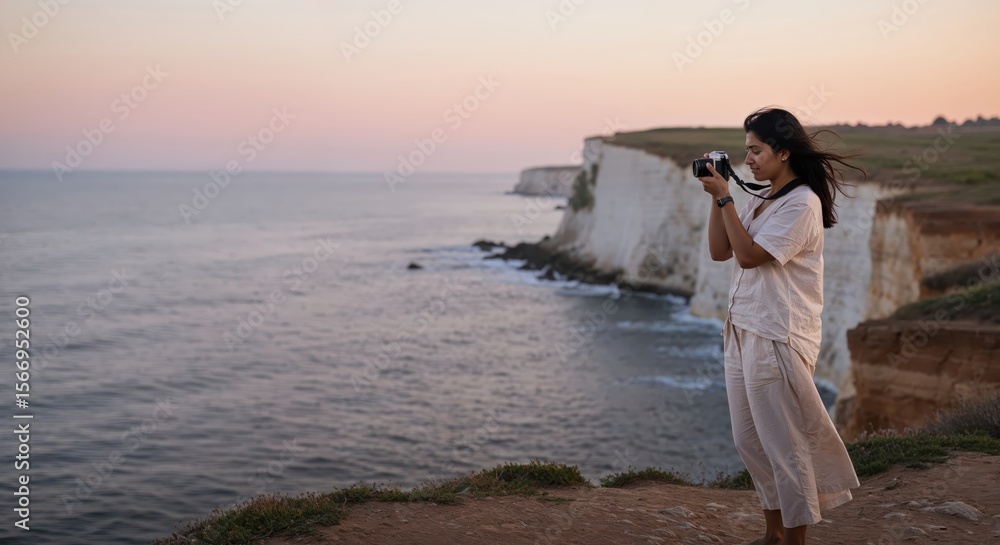 Woman photographing coastal cliffs at sunset with serene ocean view Woman photographing coastal cliffs at sunset with serene ocean view