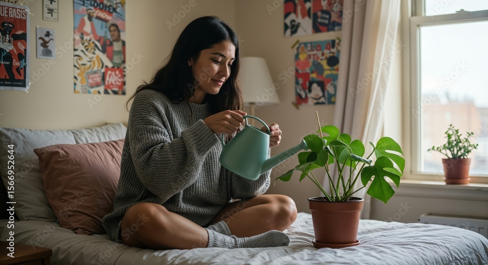 Woman nurturing houseplant with watering can in cozy bedroom setting Woman nurturing houseplant with watering can in cozy bedroom setting