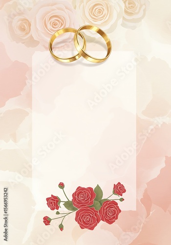 Golden wedding rings rest on a delicate floral background perfect for invitations or announcements related to celebrations.