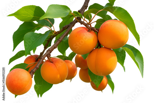 Vibrant peaches hanging on a green branch against a dark background.