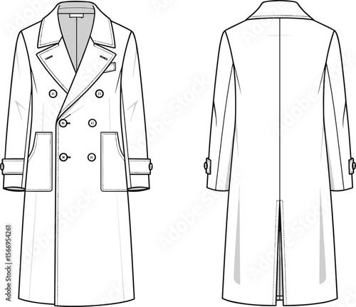 Double-breasted coat technical sketch, trench coat flat drawing, vector fashion template, overcoat illustration, apparel design, sewing pattern outline