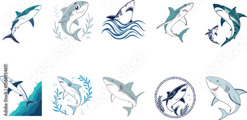 Collection of Cute Blue Shark Illustrations Vector Graphics Bundle