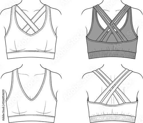 Sports bra technical sketch, front and back view, criss-cross straps, fashion flat drawing, apparel template, vector illustration, design