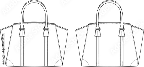 Women’s tote handbag technical drawing, elegant leather bag flat sketch, vector fashion accessory template, structured purse illustration design