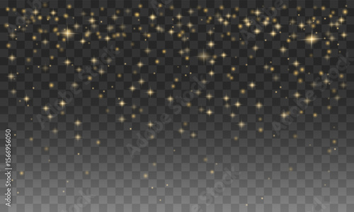 Gold glowing stars and sparkles on a transparent background. Shiny glittering light effect