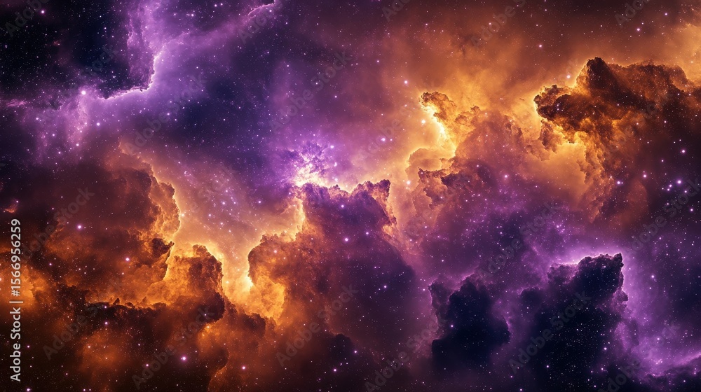 Fototapeta premium Vibrant Cosmic Clouds in Deep Space Exploration, Bright Purples and Oranges Create a Stunning Celestial View
