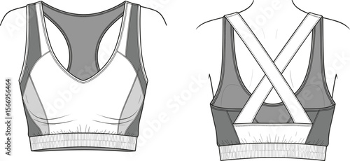 Vector sports bra technical flat sketch, criss-cross back straps, racer front, elastic hem band, activewear CAD drawing