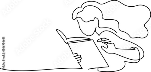 Back to school card. Girl student reading book. Continuous one line drawing.