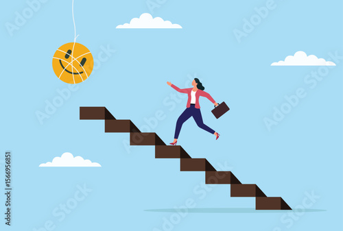 Vector illustration of a businesswoman running up stairs toward a smiling face icon, representing the pursuit of positive customer feedback and engagement
