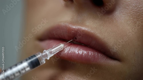 Close-Up Sequence of Lip Injection with Syringe and Needle on Human Lips