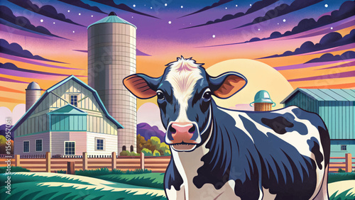 Modern Dairy Farm with Cows and Silos cartoon vector Rural Livestock Illustration
