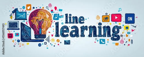 Creative depiction of online learning concepts with vibrant colors and tools