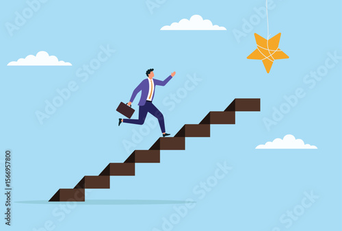 Vector illustration of a businessman running up a stair toward a star, symbolizing the journey toward positive customer reviews, high ratings, and business excellence
