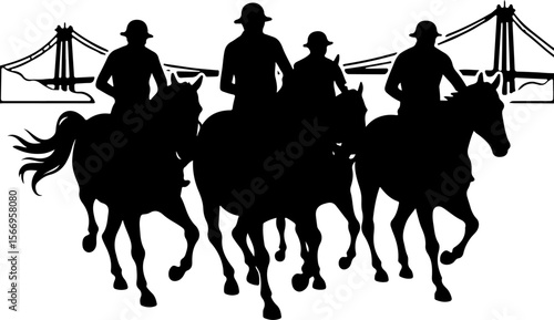 horses, riders, equestrian mountain city vector bundle