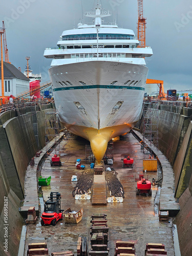 A large cruise ship is staying in the dry dock.