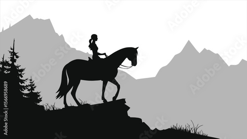 Vector Silhouette of a Woman Riding a Horse in Majestic Mountains/A captivating silhouette of a woman riding a horse atop a mountain peak, set against a backdrop of misty, mountain ranges.