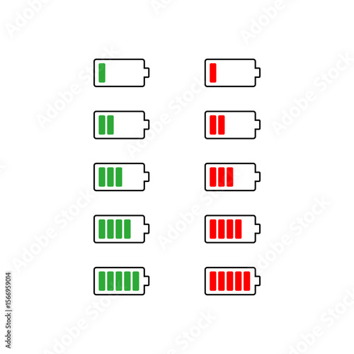 Battery charge level icons set in red and green showing low to full energy status