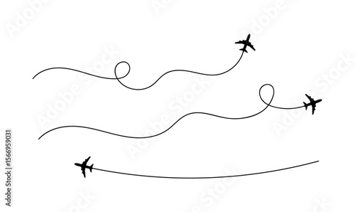 Airplane flight path silhouettes travel route and aviation line icon set