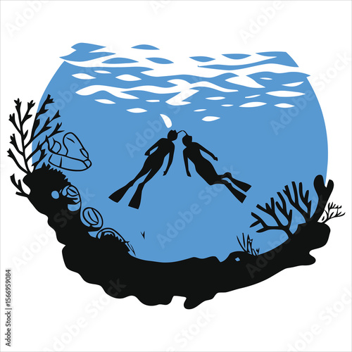 Underwater Scuba Divers Vector Silhouettes in Coral Reef Setting/A stylized, graphic image showcasing two scuba divers silhouetted against an underwater coral reef scene.