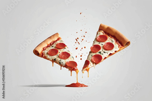 Single Slice of Pepperoni Pizza in Air with Falling Pepperoni