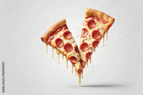 Single Slice of Pepperoni Pizza in Air with Falling Pepperoni