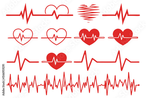 Red heart shapes intersect with electrocardiogram lines and show a transparent background