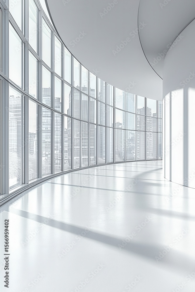 Obraz premium Modern interior with curved wall and panoramic city skyline through glass windows