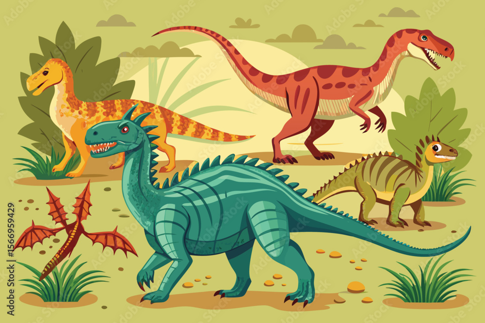 Obraz premium A fun set of cartoon dinosaur vector illustrations featuring cute baby reptiles, a funny green alligator, and other wild monster characters with a playful design
