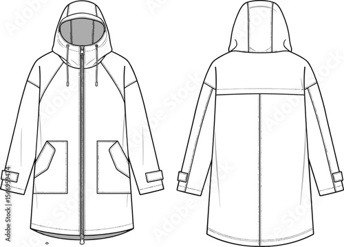 Hooded parka vector flat sketch, technical jacket template with pockets and drawcord, fashion CAD for outerwear design